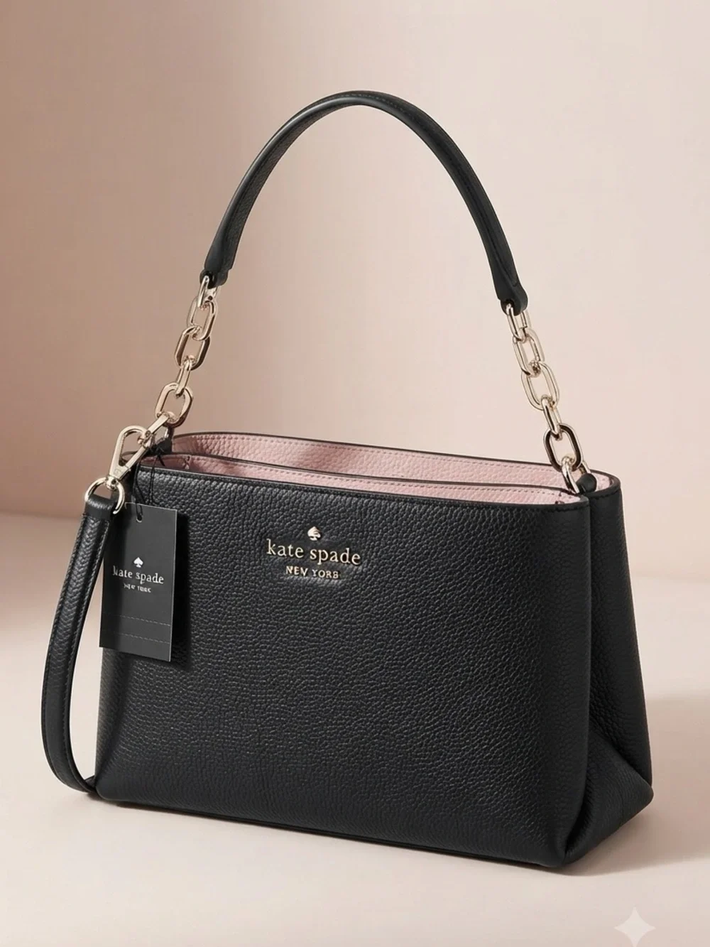 kate spade Black Pebbled Leather Satchel with light pink inner trim